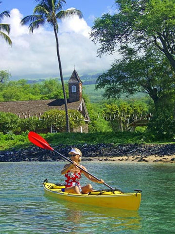 Woman kayaking on the southern coast of Maui, Keawalai Church in background, Maknea, Maui, Hawaii - Hawaiipictures.com