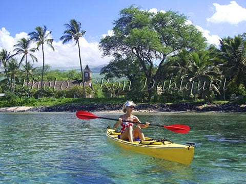 Woman kayaking on the southern coast of Maui, Keawalai Church in background, Maknea, Maui, Hawaii Picture - Hawaiipictures.com